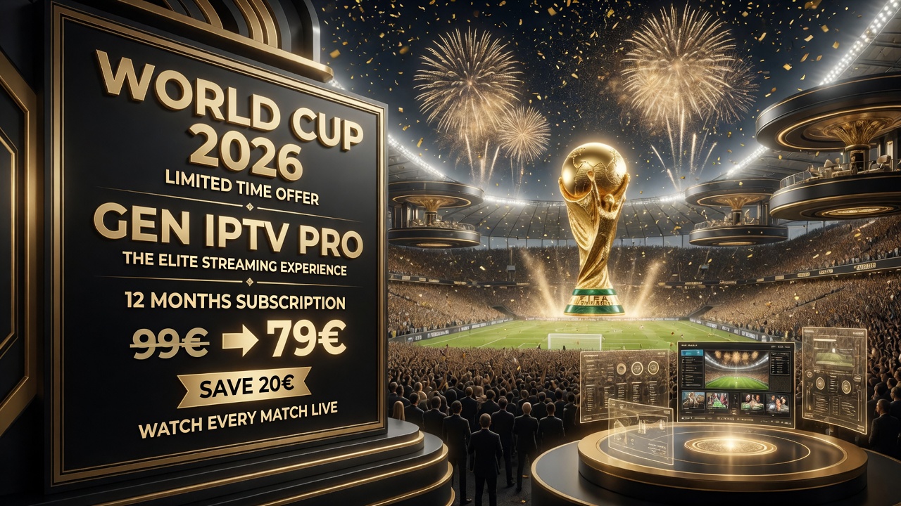 Luxurious stadium at night with a large World Cup 2026 sign, fireworks, and a gold trophy surrounded by futuristic consoles advertising IPTV Pro.
